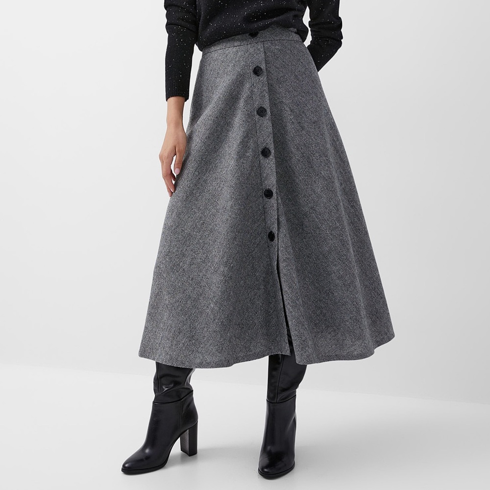 Semi Plain Wool Buttoned Flare Skirt